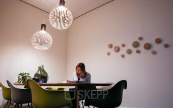 Modern furnished office space to rent at Kaldenkerkerweg 56 in Venlo, featuring stylish lighting, a meeting table, and contemporary chairs, with a person working on documents.