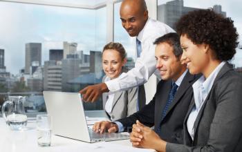 Group of professionals collaborating on a business project in the modern office space rental at Van Loonstraat 1B, Woerden.