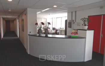 Reception area at Pompmolenlaan 18, Woerden, with a curved desk and potted plants, leading to an open workspace office space rental.