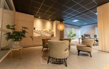 Furnished office lounge with modern seating and plants at Vijzelmolenlaan 9, Woerden, highlighting an inviting spot for office space rental.