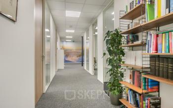 Bright hallway in an office space with shelves of books and a plant, ideal for those looking to rent office space in Zeist.