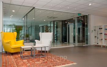 The seating area with a glass wall