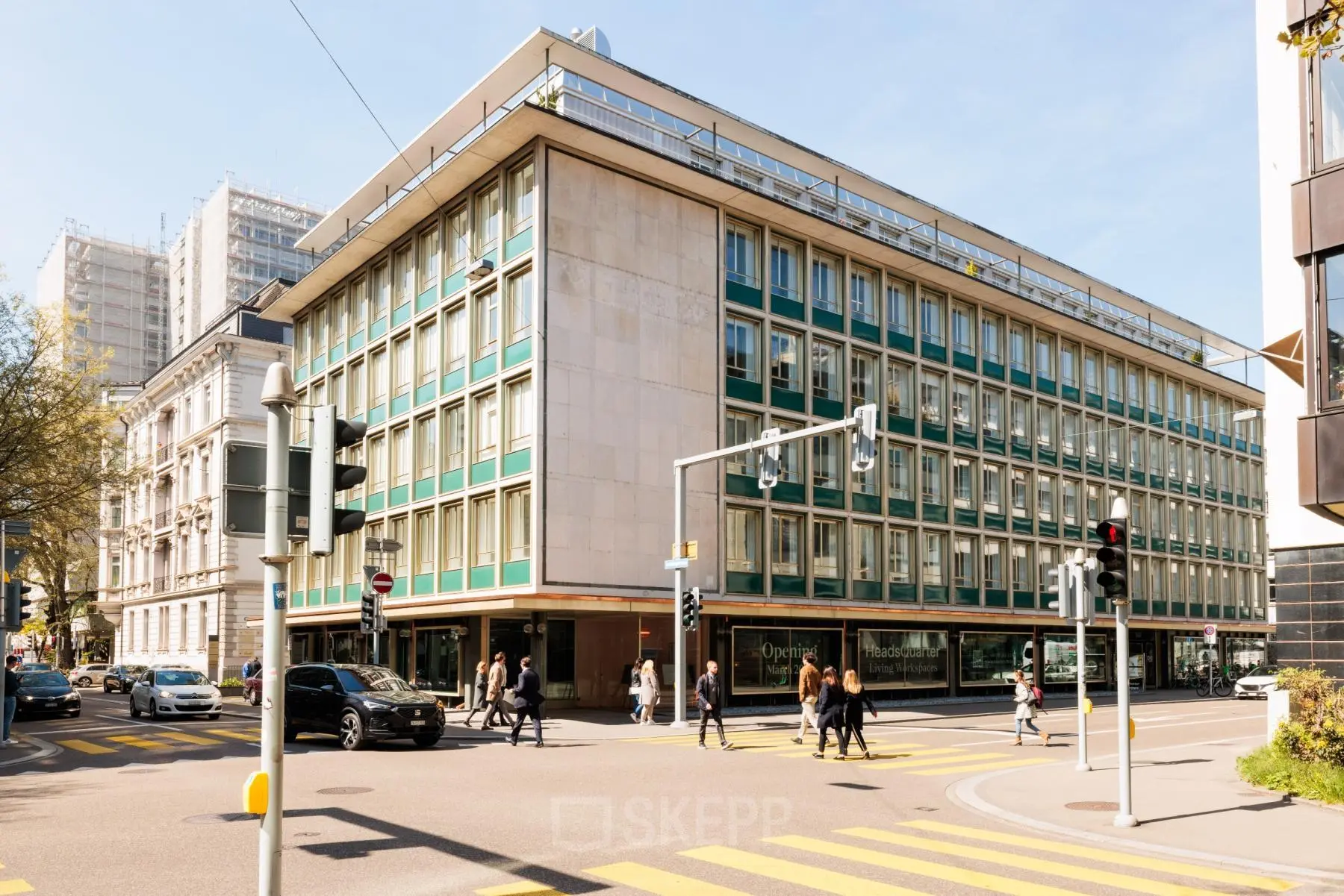 Außenansicht eines Bürogebäudes an der Stockerstrasse 33 in Zürich Enge, ideal für büro mieten oder büroraum mieten.