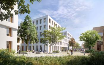 Modernes Bürogebäude an der Zürcherstrasse 39d, Zürich Altstetten, geeignet zum Büroraum mieten. Menschen sitzen im begrünten Innenhof und führen Gespräche. Große Fenster und Architektur im minimalistischen Stil.