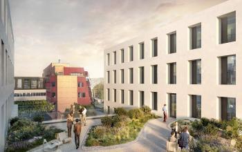 Modernes Bürogebäude in Zürich Altstetten, umgeben von einem sorgfältig gestalteten Garten, mit einer Gruppe von Menschen, die im Freien geschäftlich diskutieren.