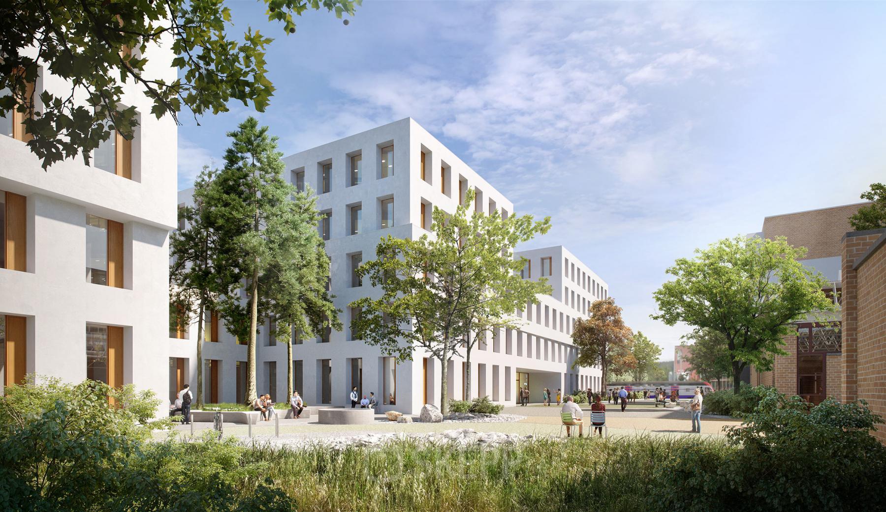 Modernes Bürogebäude an der Zürcherstrasse 39d, Zürich Altstetten, geeignet zum Büroraum mieten. Menschen sitzen im begrünten Innenhof und führen Gespräche. Große Fenster und Architektur im minimalistischen Stil.