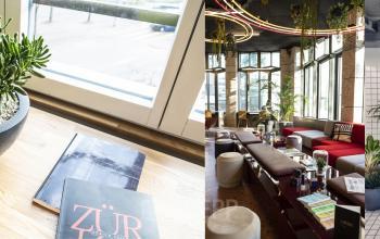 Moderne und helle Bürofläche mieten am Ernst Nobs Platz 1 in Zürich City, mit Pflanzen und gemütlicher Sitzecke.