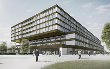 Exterior view of a modern building at Thurgauerstrasse 101, Zürich Seebach offering office space rental.