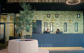 Reception area at the office located at Zwartewaterallee 56 in Zwolle, featuring modern decor with a plant centerpiece and two receptionists at the desk.