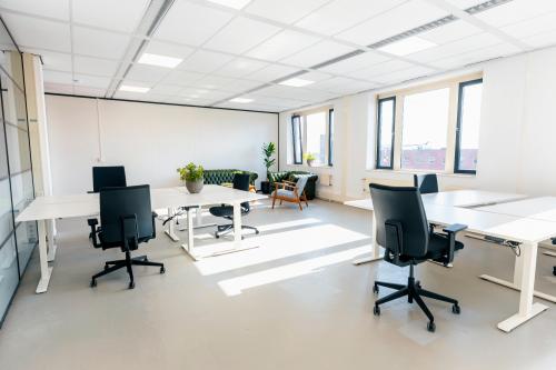 Bright office space rental at Hanzeplein 11-27 in Zwolle featuring spacious workstations, modern furnishings, and ample natural light through large windows.